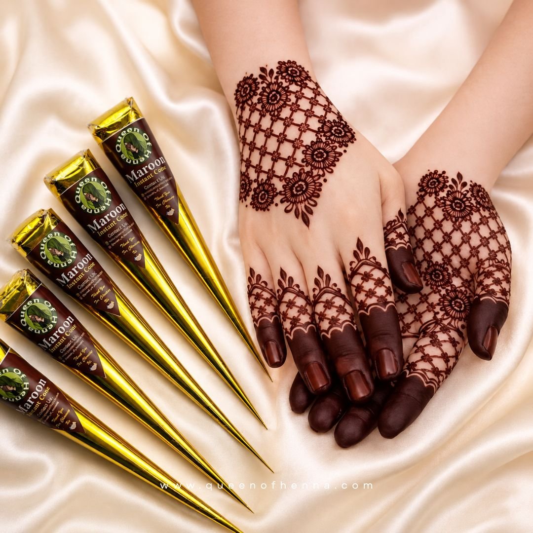 Maroon Instant Henna Cone with result- img11- queenofhenna.com