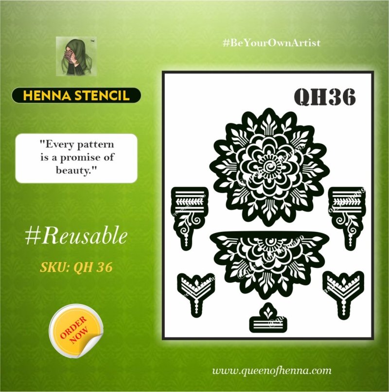 Reusable Small Henna Stencil (QH 36) img 1- queenofhenna.com