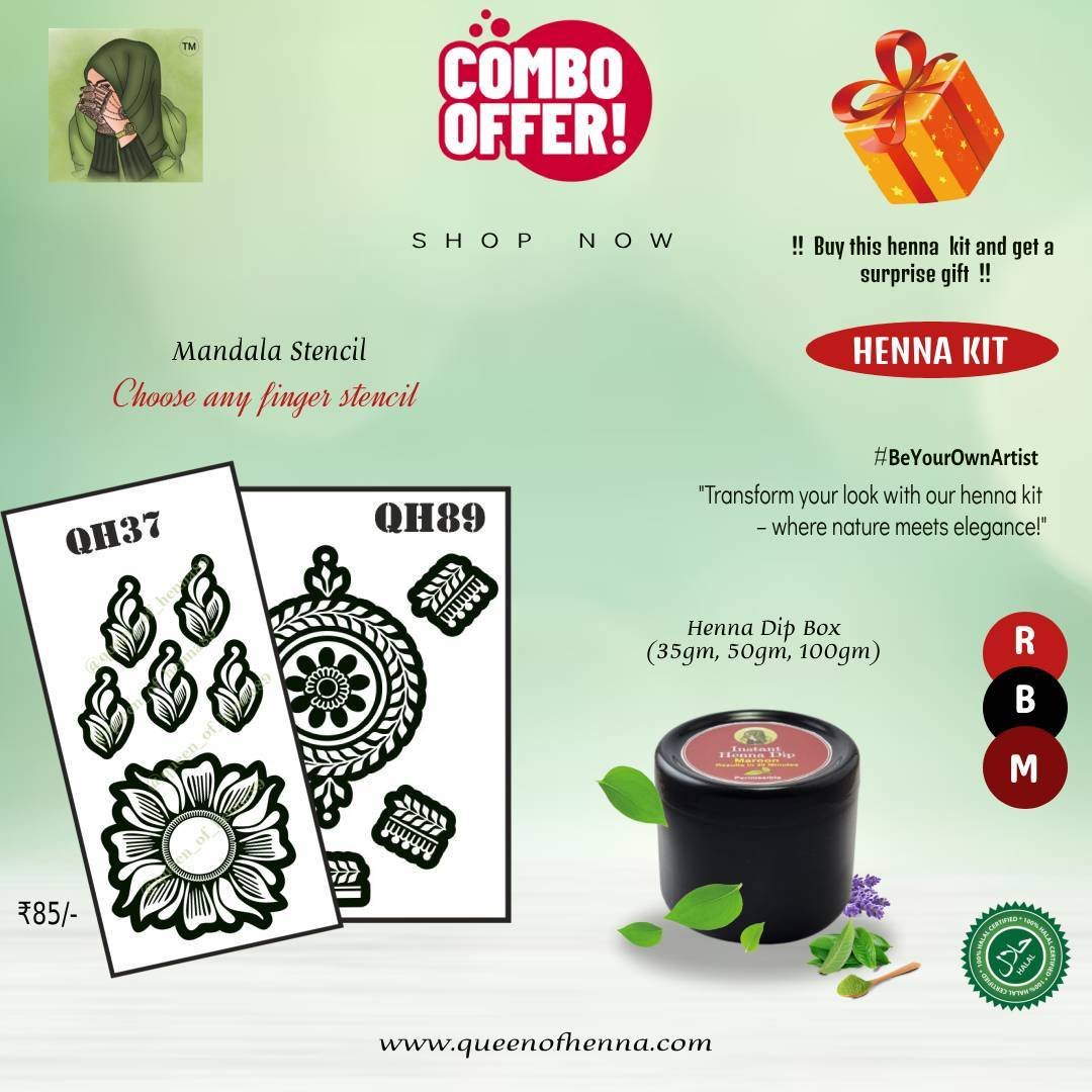 Instant Henna Dip Box (35gm, 50gm, 100gm)+1 Mandala Mehndi Stencil & Get a Surprise Gift- Henna Kit