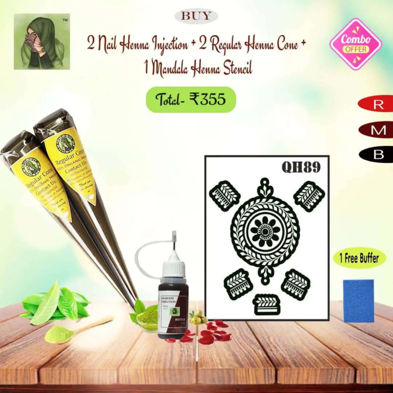 Buy 2 Nail Henna Injection + 2 Regular Henna Cone + 1 Mandala Henna Stencil + Get 1 Buffer Free (Combos Offer)- queenofhenna.com