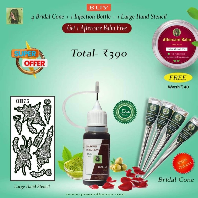 Buy 4 Natural Bridal Cone + 1 Bridal Large Hand Henna Stencil + 1 Henna Injection Bottile and Get 1 Aftercare Balm Free- queenofhenna.com