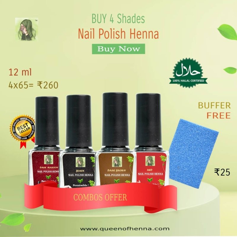 Buy 4 Shades of Natural Henna Nail Polish and Get 1 Nail Buffer Free- queenofhenna (QOH)