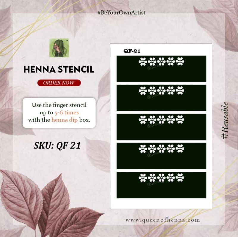 Reusable small Finger Henna Stencil (QF 21) img 1- queenofhenna.com