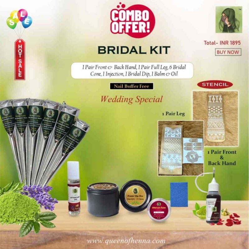 Bridal Kit (wedding special) - Buy 2 Pair of front and back hand stencil, 1 pair full leg, 6 bridal cone, 1 injection, 1 oil & balm and 1 bridal dip box and buffer free- queenofhenna