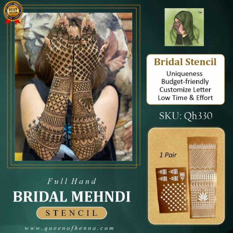 Full Hand Bridal Henna Stencil 1 Pair (QH330) img 1- queenofhenna