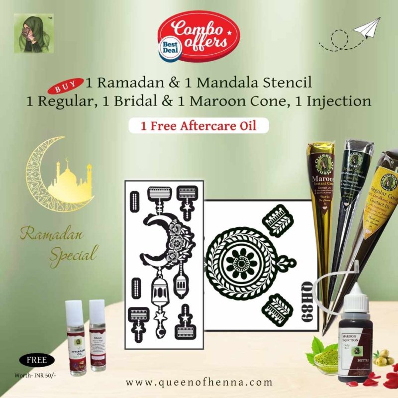 Buy 1 Regular, 1 Bridal, 1 Maroon Cone, 1 Injection Bottle, 1 Ramadan & Mandala Stencil, get 1 Free Aftercare Oil (Ramadan Combo offers)- queenofhenna