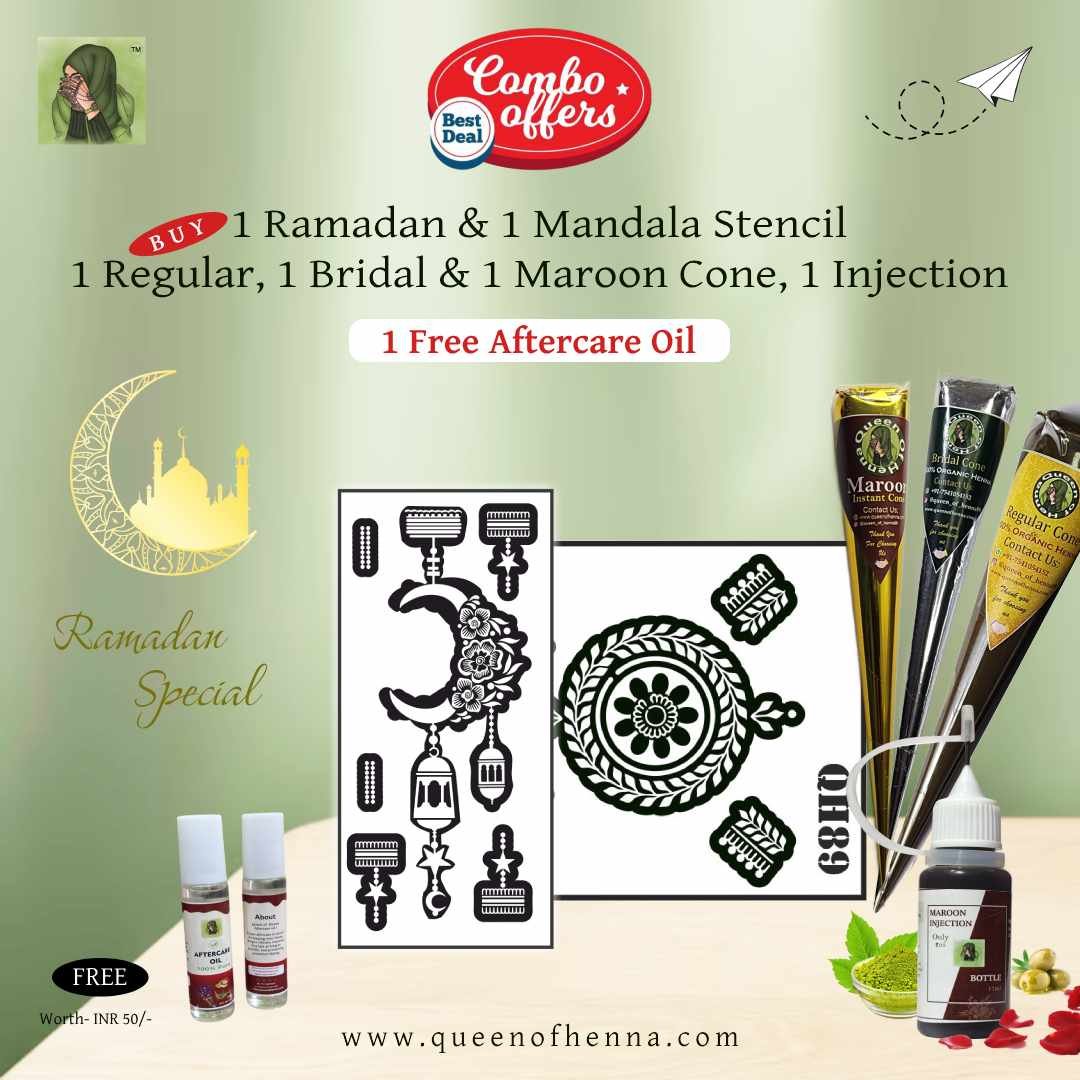 Ramadan Combo: Buy 1 Regular, 1 Bridal, 1 Maroon Cone, 1 Injection Bottle, 1 Ramadan & Mandala Stencil, get 1 Free Aftercare Oil