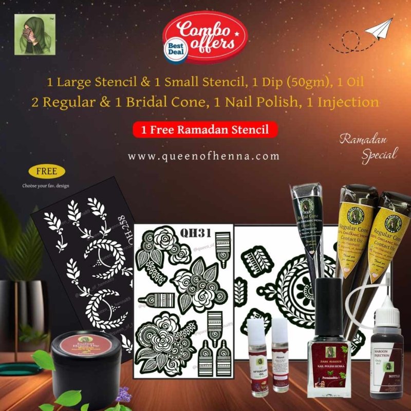 Buy 2 Regular & 1 Bridal Henna Cone, 1 Nail Polish, 1 Henna Injection, 1 Dip Box (50gm), 1 Aftercare Oil, 1 Small & Large Henna Stencil and Get a Free Ramadan Stencil (Combos Offers)- queenofhenna