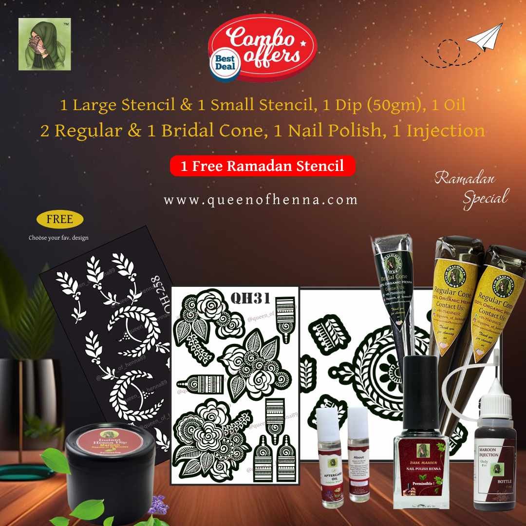 Buy 2 Regular & 1 Bridal Cone, 1 Nail Polish, 1 Injection, 1 Dip Box (50g), 1 Aftercare Oil, 1 Small & Large Stencil and Get a FREE Ramadan Stencil