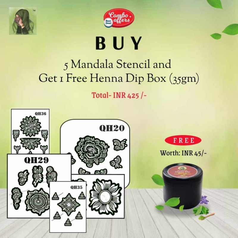 Buy 5 Mandala Stencil, and get 1 henna dip box 35gm free - queenofhenna