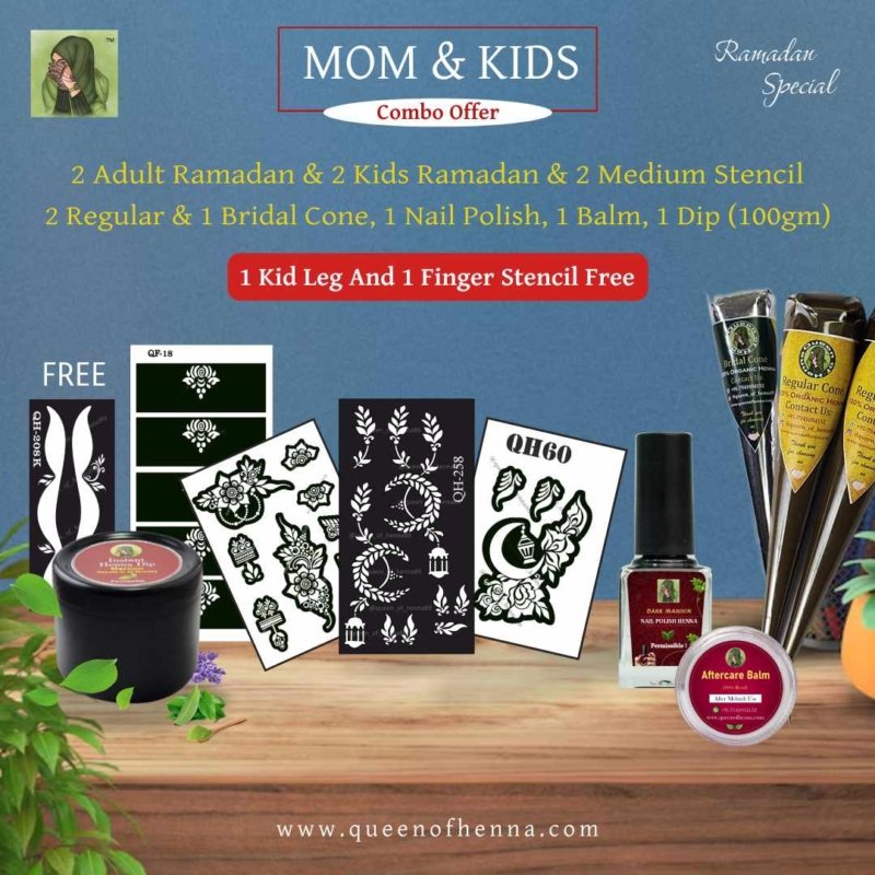 Mom & Kids Combos Offers 2 Adult & 2 Kids Hand Ramadan Stencil + 2 Medium Hand Stencil + 2 Regular + 1 Bridal Mehandi Cone + 1 Nail Polish + 1 Balm + 1 Dip Box (100 gm) and Get a Free Kids Leg + Finger Sticker- queenofhenna