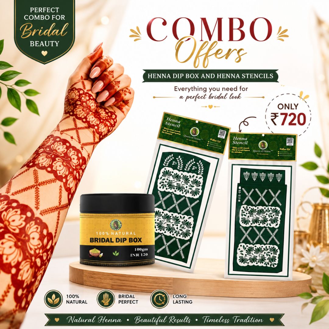 Bridal Henna Stencil (QH516) with Dip Box (100 gm) - combo product - img5- queen of henna