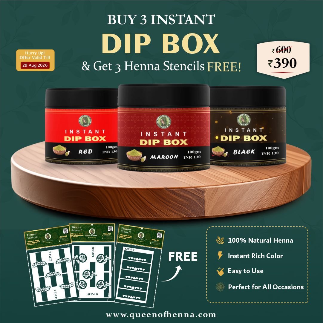 Buy 3 Henna dip box (100 gm) and get 3 henna finger stencils free- img4- queen of henna